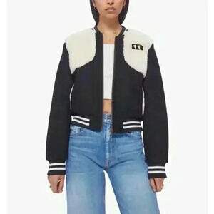 NWOT MOTHER The Vested Varsity Bomber Jacket Black Wool Blend Teddy Size Large